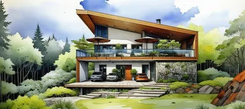 a drawing of a two story house with deck and railings and large trees behind it,house in the forest,tree house,tree house hotel,forest house,log home,house in mountains