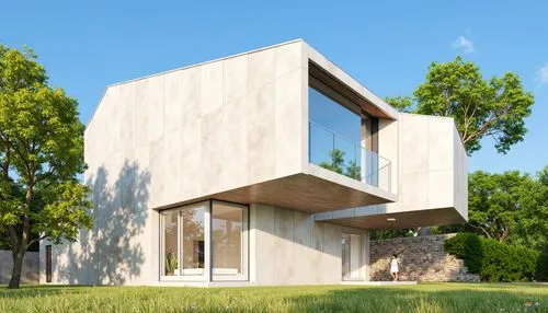 A 3d rendering of a modern, minimalist house with a minimalist design. the house is situated on a grassy area with a clear blue sky in the background. the building has a rectangular shape with a flat 
