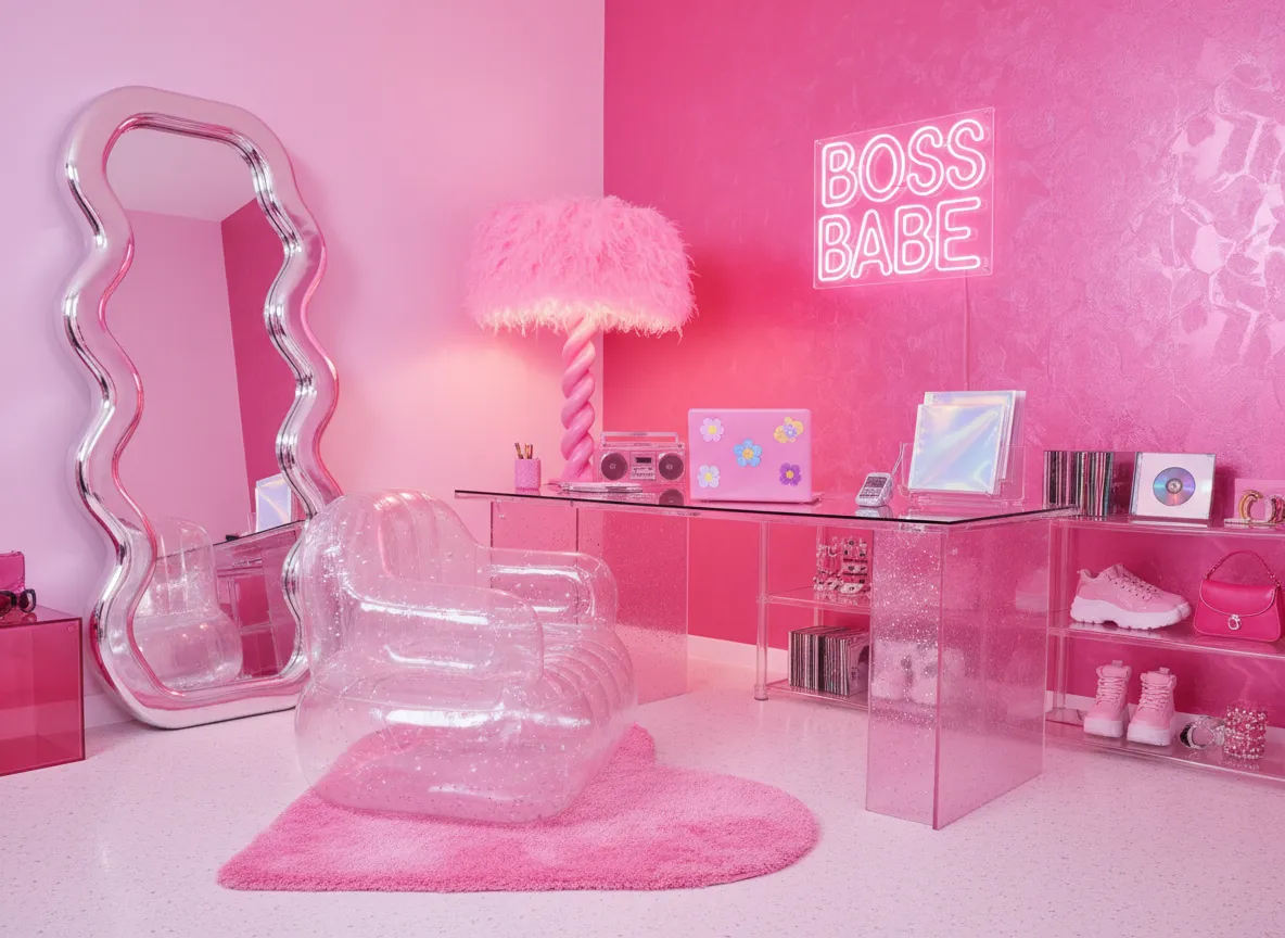 Y2K-प्रेरित तत्वों जैसे एक लहराते हुए शीशे और एक पारदर्शी, हवा भरने वाली कुर्सी के साथ एक आकर्षक Barbiecore ऑफिस स्पेस।