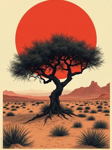 Illustration, Japanese print, black and red, of a mesquite tree, in a desert, inside a sun,




,a painting shows an arid landscape with a large tree and the setting sun,namib,namib desert,desert land