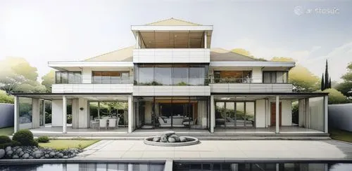 a very large house with a fountain on the patio,modern house,cube house,frame house,house drawing,mansion,private house