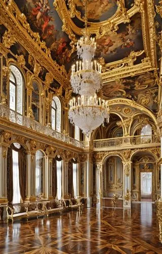 a large palace style room has a chandelier,royal interior,ornate room,baroque,hermitage,the royal palace,enfilade,royal palace,palaces,the palace,rococo,ballroom,grandeur,grand master's palace,marble 