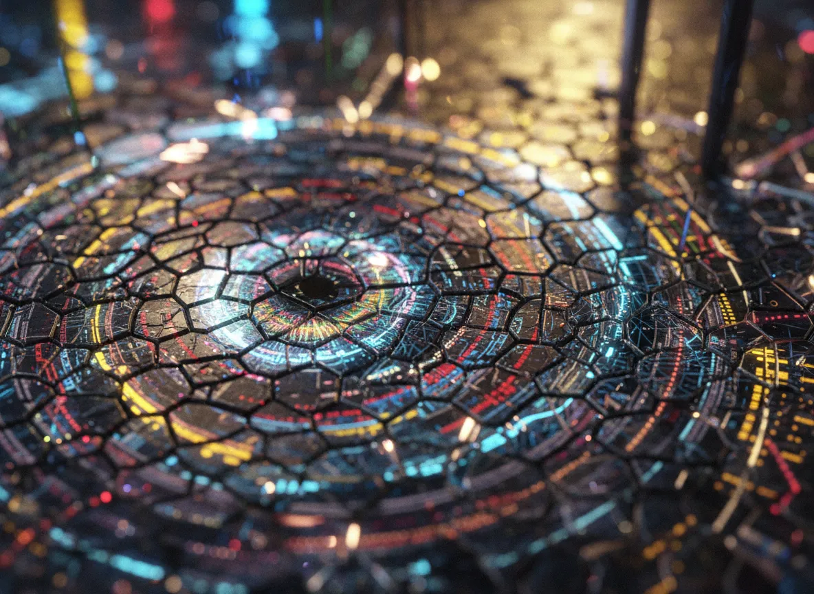 Una ripresa macro ravvicinata di un mosaico generato dall'AI, che evidenzia la texture realistica e la luce riflessa sulle singole tessere digitali.