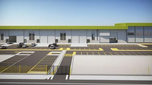 “Render arquitectónico de un parque industrial moderno. La imagen muestra una vista frontal de varias bodegas, identificadas con números y diseñadas con puertas enrollables metálicas en tonos grises. 