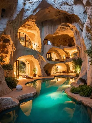 A hidden residential city located deep within a massive crystal cave, where entire neighborhoods are carved from natural quartz formations. The crystalline walls reflect light in rainbow hues, creatin