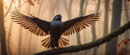 Realistic, beautiful avis, majestic bird, spread wings, detailed feathers, brown eyes, strong beak, morning sunlight, misty forest, trees with vines, foggy atmosphere, cinematic composition, shallow d