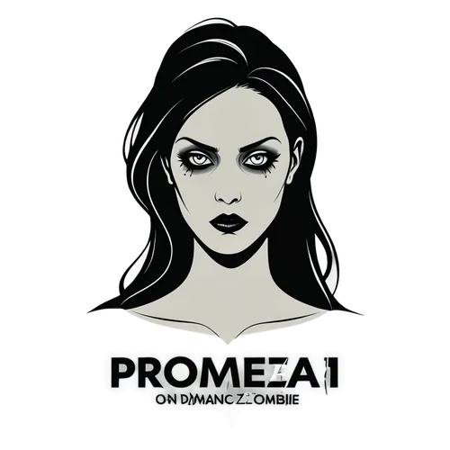 modern minimalist Logo for Promeai on the theme of a woman zombie, black vector, on white background, with text "promeai",pomade,women's cosmetics,oil cosmetic,produce,promontory,premises,proa,chonmag