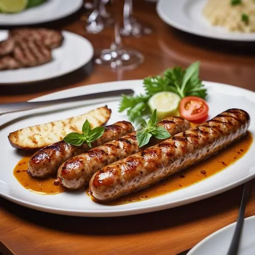 berlin curry sausage Create an image showing a scene in a Michelin-starred restaurant, ideal for use on a homepage. The style should be bright and inviting, with a focus on brightly coloured dishes. T