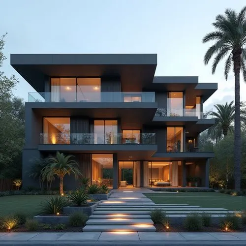 A hyper-realistic, high-resolution architectural photograph of a multi-level, contemporary luxury residence featuring a sleek, geometric design. The exterior is composed of smooth, matte charcoal-gray