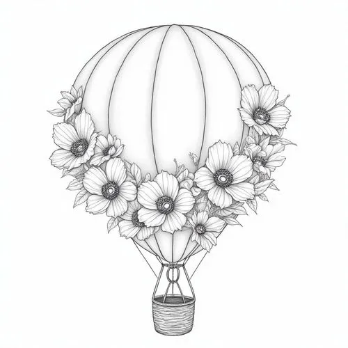 A detailed line art drawing of a hot air balloon, seemingly made for a coloring book. The balloon is round and segmented, with a woven basket underneath. Large, intricately detailed flowers, possibly 
