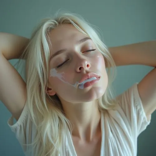 self-selfie, translucid-cream in mouth, transparent translucent mucus liquid on face, Beautiful young girl, white hair, hands behind head, head back, semi-eyes closed sleepy, sheer apparels, intricate