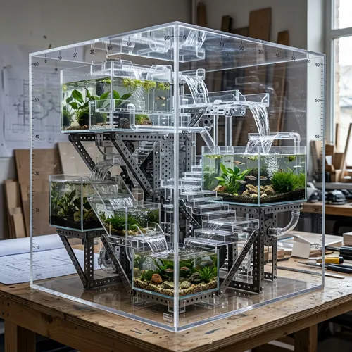 Design a conceptual spatial Aquarium-Waterfall structure within a 60x60x60 cm cube, using lightweight, easily processed materials. The form follows the principles of transparency and modularity, inspi