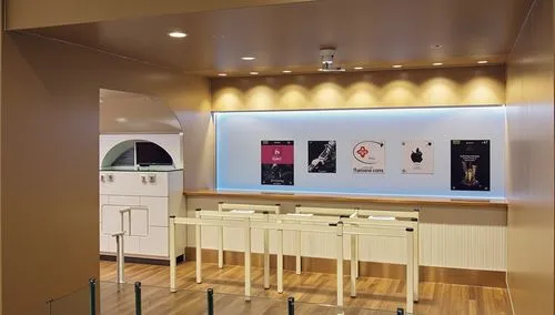 a room that has some chairs and lights in it,gallery,apple store,a museum exhibit,merchandizing,art gallery,cosmetics counter,foyer,showrooms,servery,product display,galeria,jewelry store,jewellers,fr