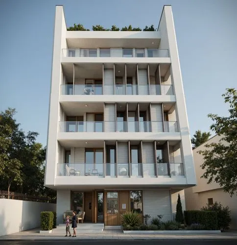 “A 6-story residential building on a pilotis base, designed on a north-facing urban lot. The facade showcases strong, pure geometric volumes with deep formal interlocking. Clean horizontal and vertica