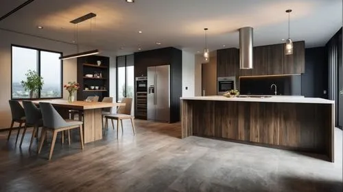 a very large wooden kitchen with some tables,modern kitchen interior,modern kitchen,kitchen design,modern minimalist kitchen,kitchen interior,interior modern design,penthouses,kitchen,hardwood floors,