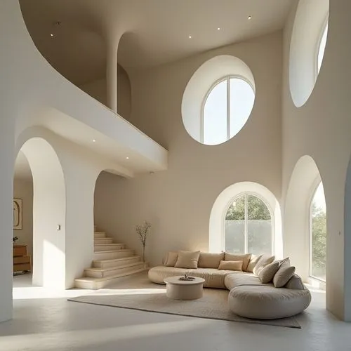 Very unique and different design interio, double height space, minimalizm, different shape openings, sculptural furnitures. ,large sofa and round windows in white living room,circular staircase,mahdav