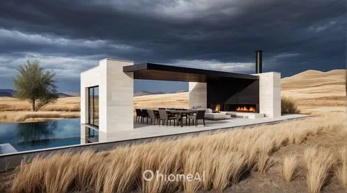 An ethereal photograph, A detailed, serene oil painting. Pool house exterior.  Dark black wood and white travertine stone. Long Fireplace on the far big wall. steppe with dry grass behind.,the house i
