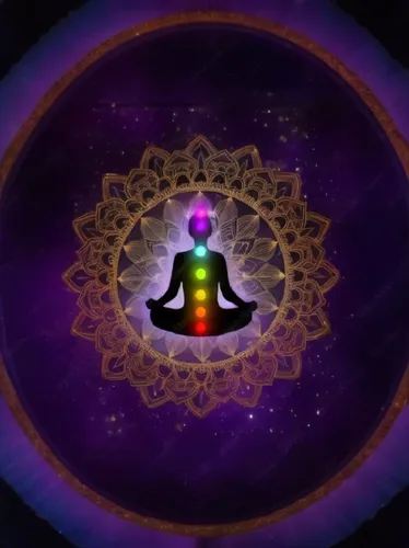 Zoom in. Add yellow  fireflies moving arround.,a man in a circle holding a rainbow light,heart chakra,chakras,kundalini,earth chakra,crown chakra,chakra square