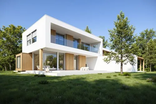 A modern, minimalist white house with large glass windows and a wooden exterior, situated on a large grassy hillside. the house has a rectangular shape with a flat roof and large windows that allow na