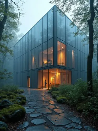 cinematic photo (High tech architectural style, High-tech architecture, glass facade,reflective surfaces, illuminated windows, minimalist design, structural glass,:1.2),primeval forest background,natu