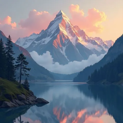 This serene mountain landscape wallpaper captures the beauty of nature with warm hues of orange and pink illuminating the sky. Mist gently drapes the mountain peaks, creating a dreamy ambiance that re