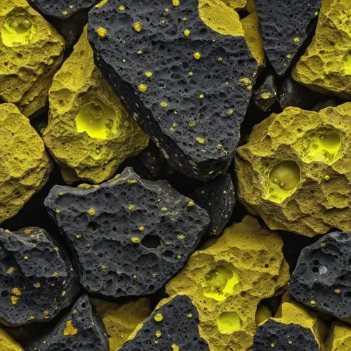 roccia spaccata nera con all'interno minerali giallo fluorescente,yellow and black rocks with yellow dots all over them,yellow wallpaper,volcanic rock,pitchblende,tektite,stone background,sulfur,augit