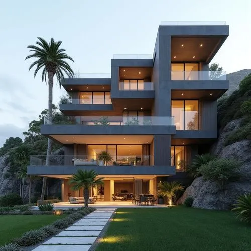 A hyper-realistic, high-resolution architectural photograph of a multi-level, contemporary luxury residence featuring a sleek, geometric design. The exterior is composed of smooth, matte charcoal-gray
