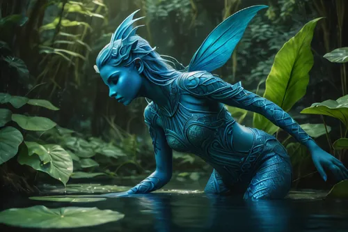 Water sprite girl with blue skin and fins swimming in a beautiful pond, background lush vegetation, trees,garuda,water creature,forest dragon,merfolk,water nymph,patung garuda,blue parrot,fantasy pict