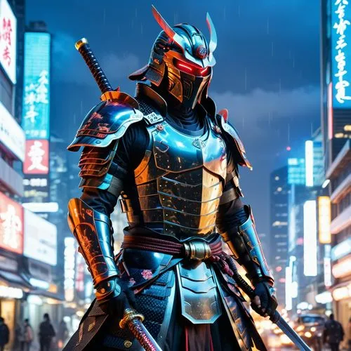 Espadachín Samurai en un Japón Futurista
Un guerrero solitario vestido con una armadura samurái modernizada con materiales de fibra de carbono y luces LED. Su espada brilla con energía azul y detrás d