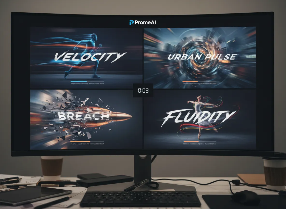 Der Bildschirm eines Designers, der zeigt, wie PromeAI in Sekundenschnelle vier verschiedene Plakatkonzepte mit Bewegungsunschärfe gleichzeitig generiert.