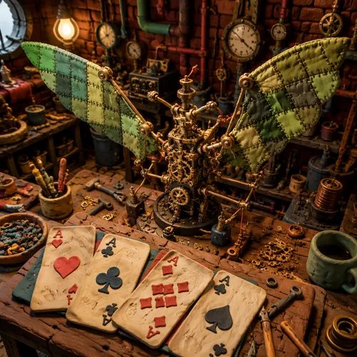 A clever 45-degree overhead dynamic shot of a chaotic workshop table. In the foreground, playing cards made of colored plasticine show clear, visible thumbprints and tool marks on their surfaces. In t