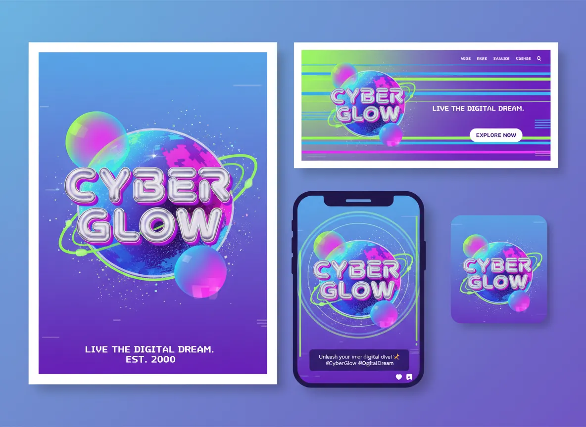 एक सुसंगत ब्रांड अभियान का एक उदाहरण, जिसमें एक पोस्टर, एक सोशल मीडिया पोस्ट और एक वेबसाइट बैनर दिखाया गया है, जो सभी एक ही विशिष्ट Y2K Aesthetic साझा करते हैं।