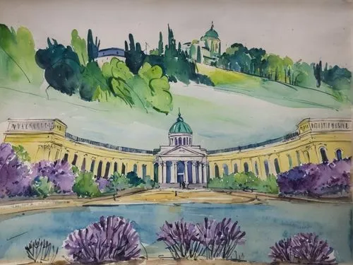 Сирень у Казанского собора, акварель,an artistic painting of purple flowers and houses,watercolor wine,watercolor,watercolor background,watercolors,watercolor flowers,watercolor painting