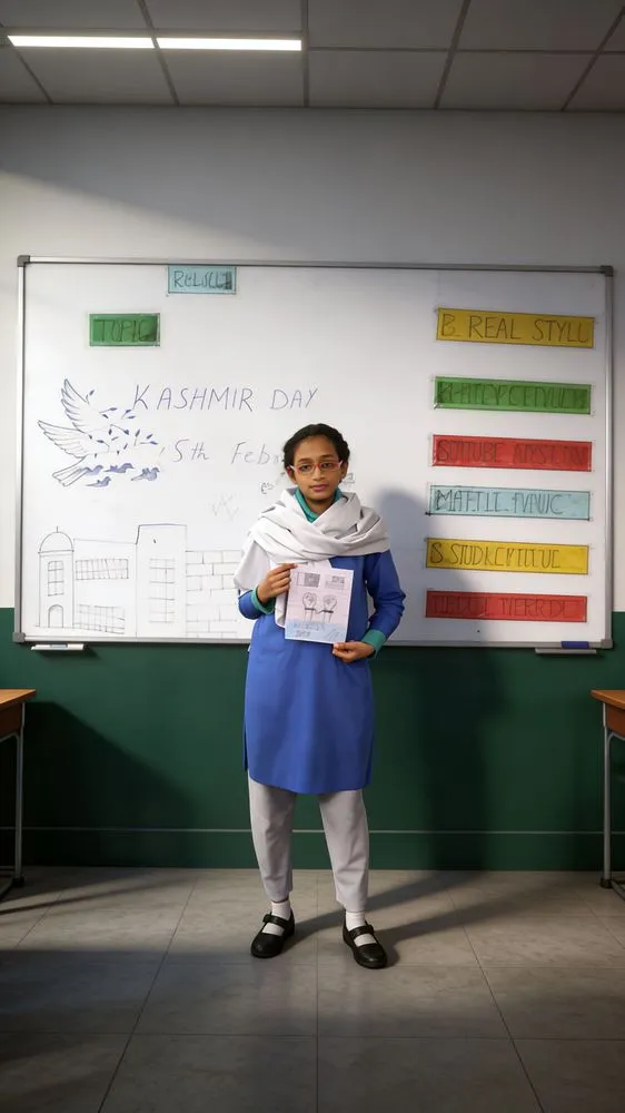 a female student wearing an apron holding papers