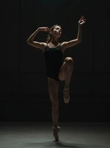 A driven ballet dancer practicing alone in a dimly lit studio, mid-leap, with intense focus in her eyes. She’s in her late teens, her figure poised and graceful against the dark backdrop, her muscles 