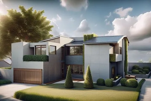 a modern house in an animated look,modern house,3d rendering,cubic house,mid century house,duplexes,modern architecture,landscape design sydney,cube house,render,cube stilt houses,townhomes,dunes hous