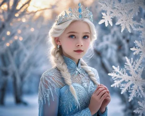 Elsa's daughter, princess, 10yo, icy blue eyes, platinum blonde hair, snowflake decorations, delicate makeup, sparkly dress, frozen fractal patterns, crystal tiara, winter wonderland, snowy trees, ice