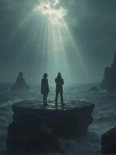 Two solemn figures stand on a large, cracked, stone platform surrounded by a vast, turbulent sea. The platform is raised above the dark waters, with jagged rocks protruding from the ocean in the backg