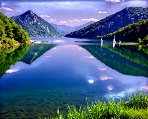 Serene lake, calm waters, mirror-like reflection, surrounding mountains, lush green trees, few sailboats, sunny day, clear blue sky, fluffy white clouds, gentle ripples, shallow depth, 3/4 composition