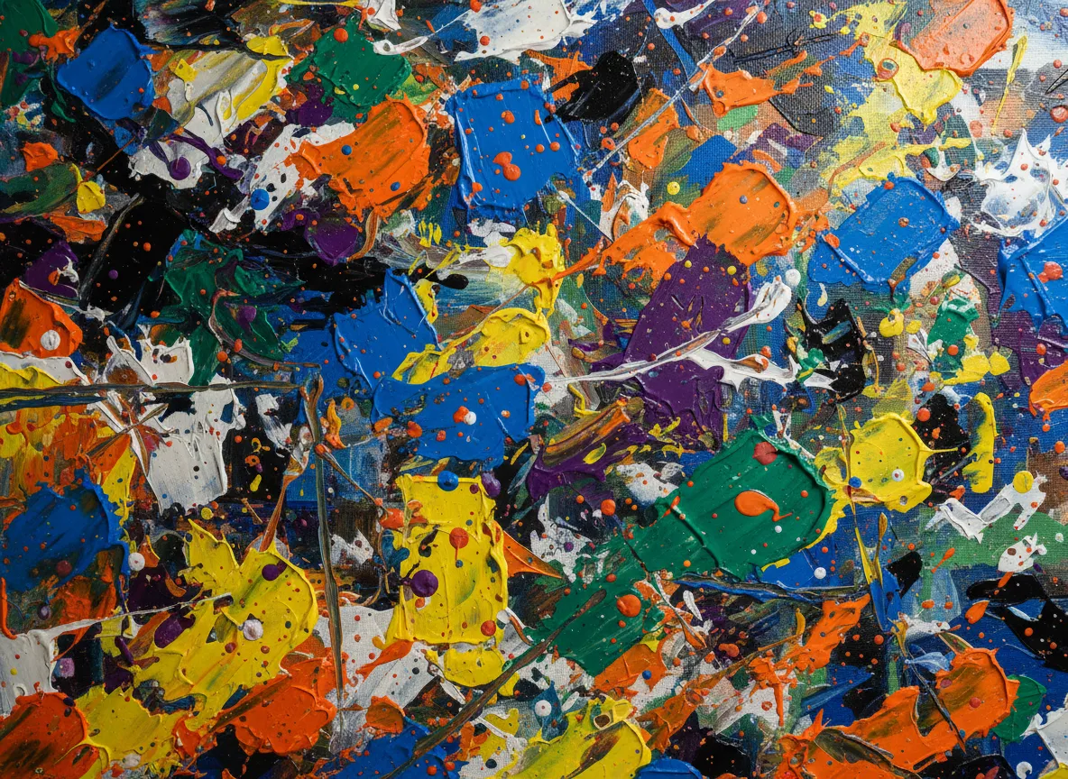 Eine Nahaufnahme eines lebhaften Action Paintings, generiert in PromeAI, das texturierte Farbspritzer und expressive Pinselstriche hervorhebt.