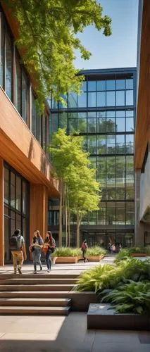 Modern university building, top-ranked architecture and design school, grandiose entrance with pillars, large glass windows, steel framework, contemporary design, lush greenery surrounding the campus,