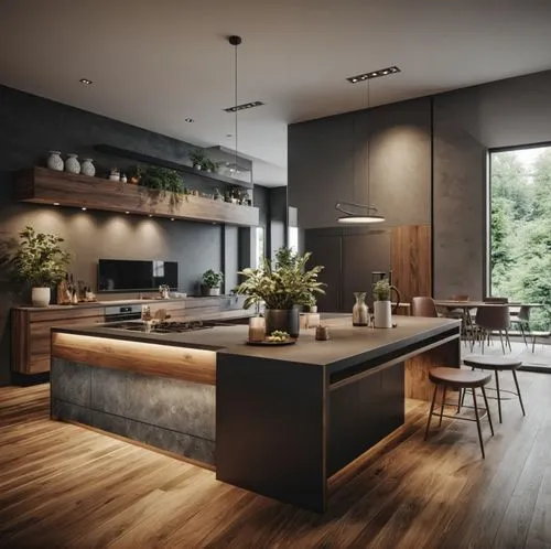 a large open kitchen with island and wooden floors,modern kitchen interior,modern kitchen,kitchen design,modern minimalist kitchen,kitchen interior,kitchen,Photography,General,Realistic