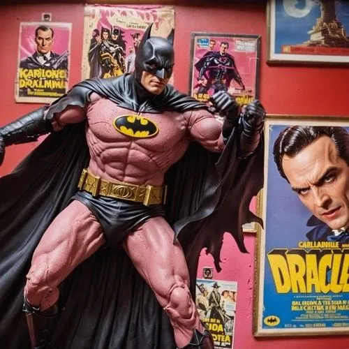 a batman action figure sitting next to a movie poster,batman,batmen,collectible action figures,model kit,vintage toys,bat,comic books,cowl vulture,bats,batterers,comic characters,figure of justice,com