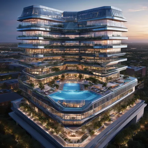 Two 14 stories, solor glass, renewable energies,  triangular outer buildings, one separate 14 stories octagonal center building, three pools, one rooftop deck pool, balconies on one building,,largest 