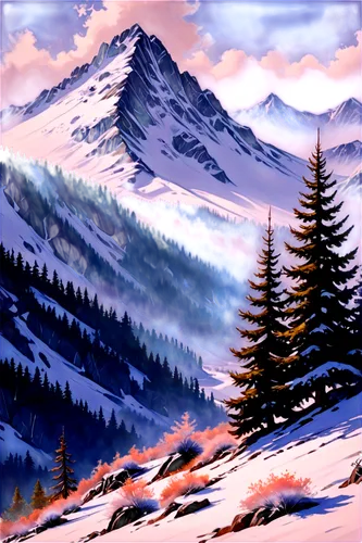 Snow-capped mountain, majestic peak, serpentine ridgeline, misty veil, rugged rocky surface, snowflakes gently falling, frosty pine trees, morning sunlight casting long shadows, panoramic view, 3/4 co