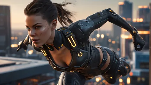 Close up shot of a cybernetically enhanced assassin girl while leaping from a rooftop, lighting, detailed, realistic, UHD, trending on Artstation, in the style of Deus Ex The Bourne Identity, Cyberpun