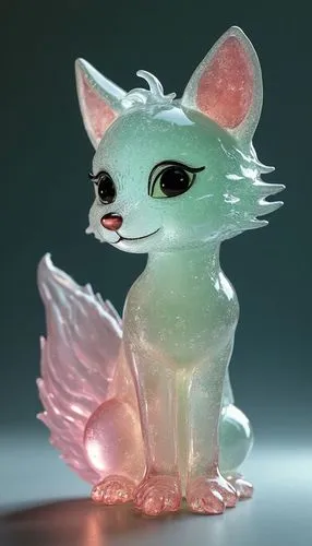 [Fox] figurine by glass, in the style of layered translucency, [green] and [pink], Light], 20 megapixels, transparency,small clear glass kitty figurine on reflective surface,glass yard ornament,pink c