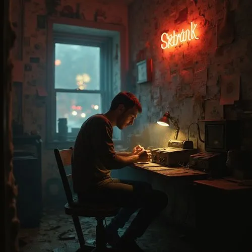 Within a decrepit apartment, illuminated solely by the flickering light of a malfunctioning neon sign outside the window, a man sits at a cluttered desk. Surrounded by obsolete electronics and stacks 