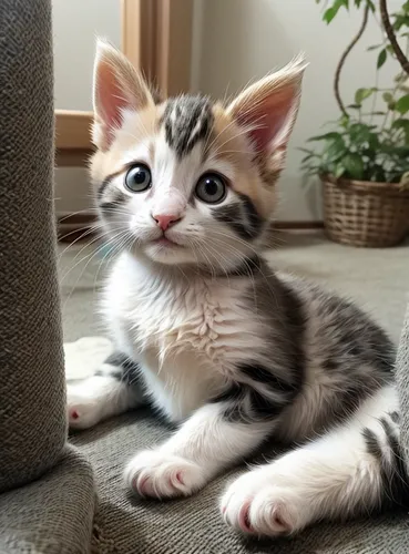 uma linda gatinha descansando, com um olhar curioso para trás da lente que a filma,a kitten sitting on the floor next to some scratching posts,tabby kitten,kitten willow,kitten,cute cat,blossom kitten