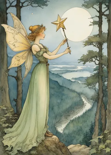Fairy holding a small star-shaped wand with a large forest in the distance,fairies aloft,kate greenaway,faerie,vintage fairies,faery,child fairy,fairy,fairies,rosa 'the fairy,fae,little girl fairy,fai
